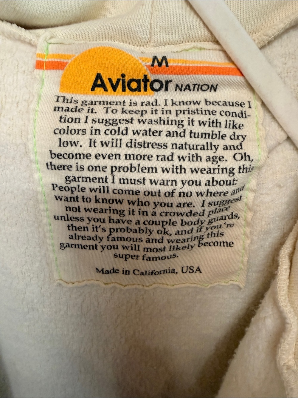 Aviator Nation Cream Hoodie with Yellow Orange Red and Navy Stripes - Picture 5 of 5